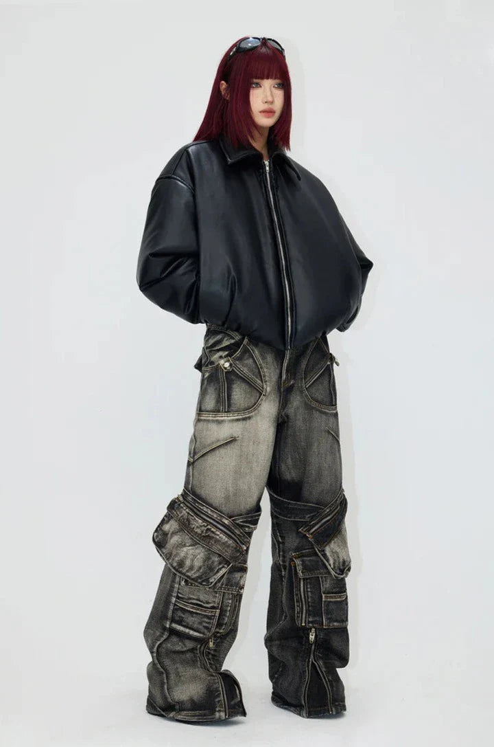 Veste courte en cuir noir coupe-vent