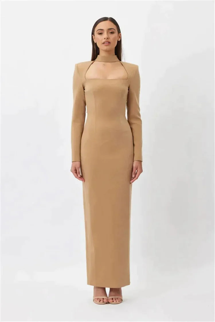 Robe longue sans fente, manches longues et strass