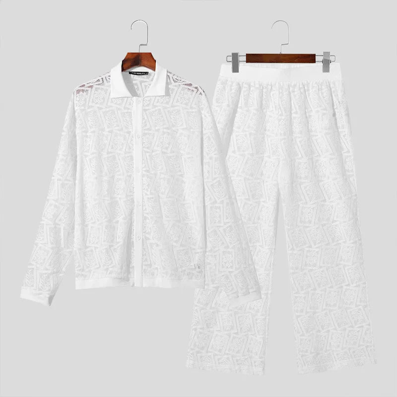 Chemise à revers transparent en maille dentelle et pantalon à manches longues