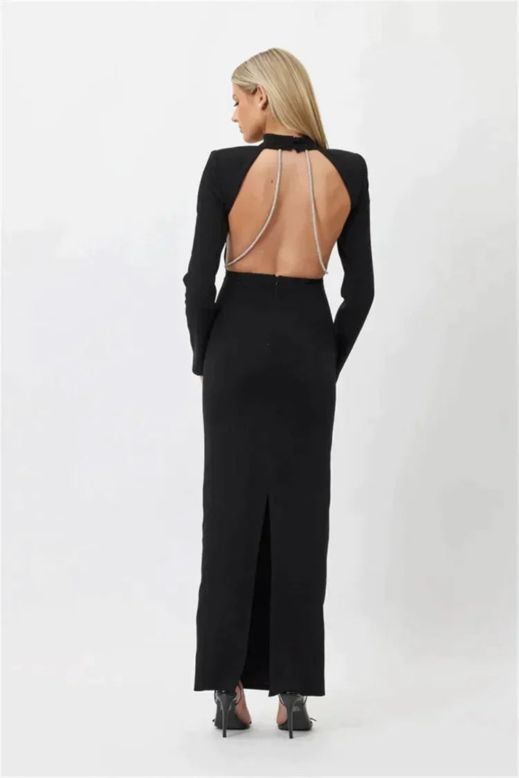 Robe longue sans fente, manches longues et strass