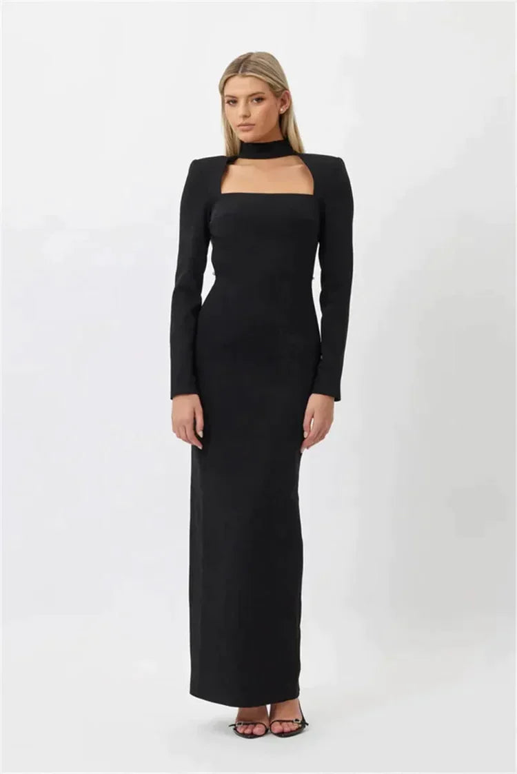 Robe longue sans fente, manches longues et strass