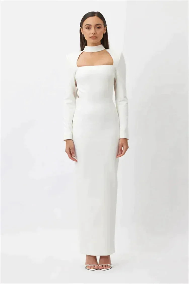 Robe longue sans fente, manches longues et strass