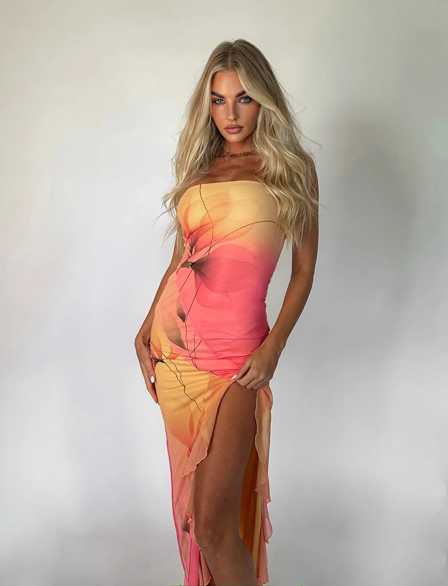 Robe longue bustier à motif floral dégradé