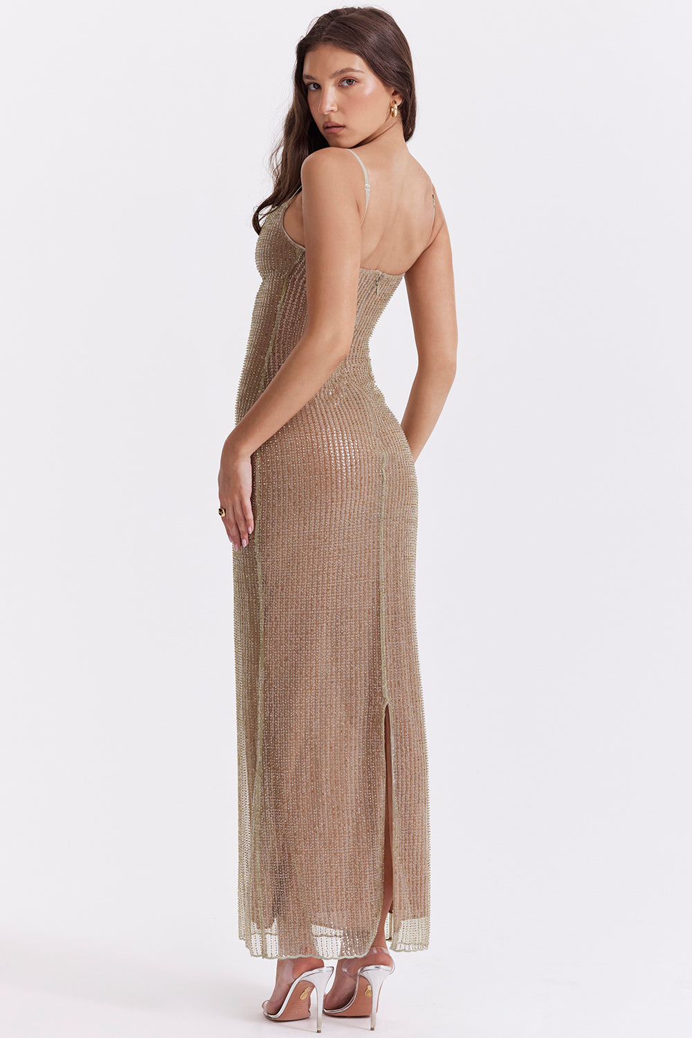 Robe longue avec perles café au lait