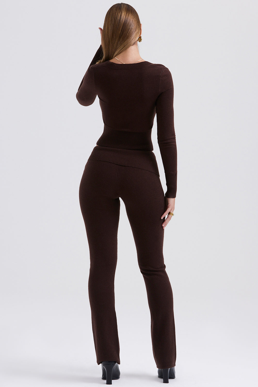 Top col rond et pantalon en cachemire mélangé chocolat