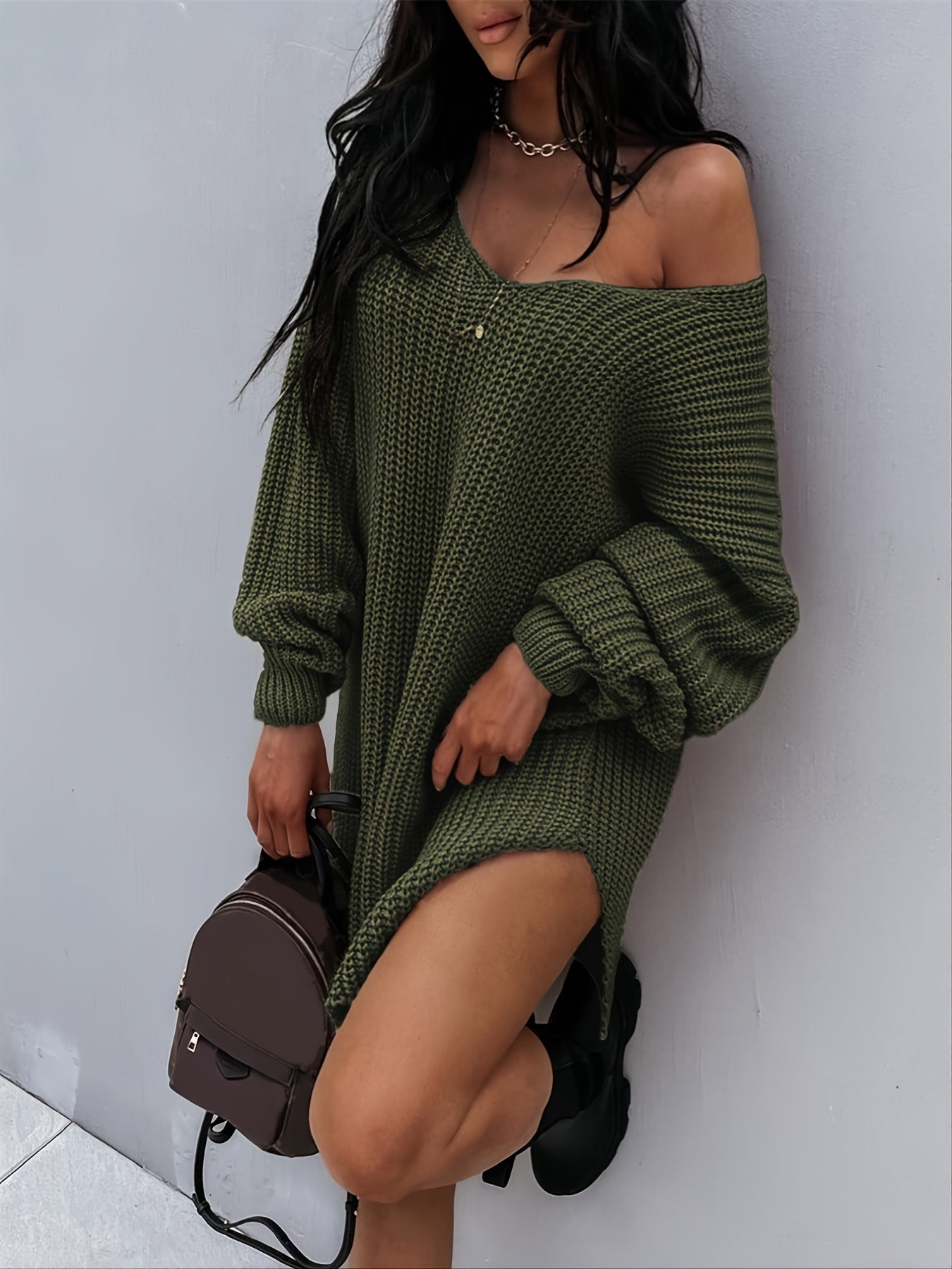 Pull en maille à col V et manches lanterne