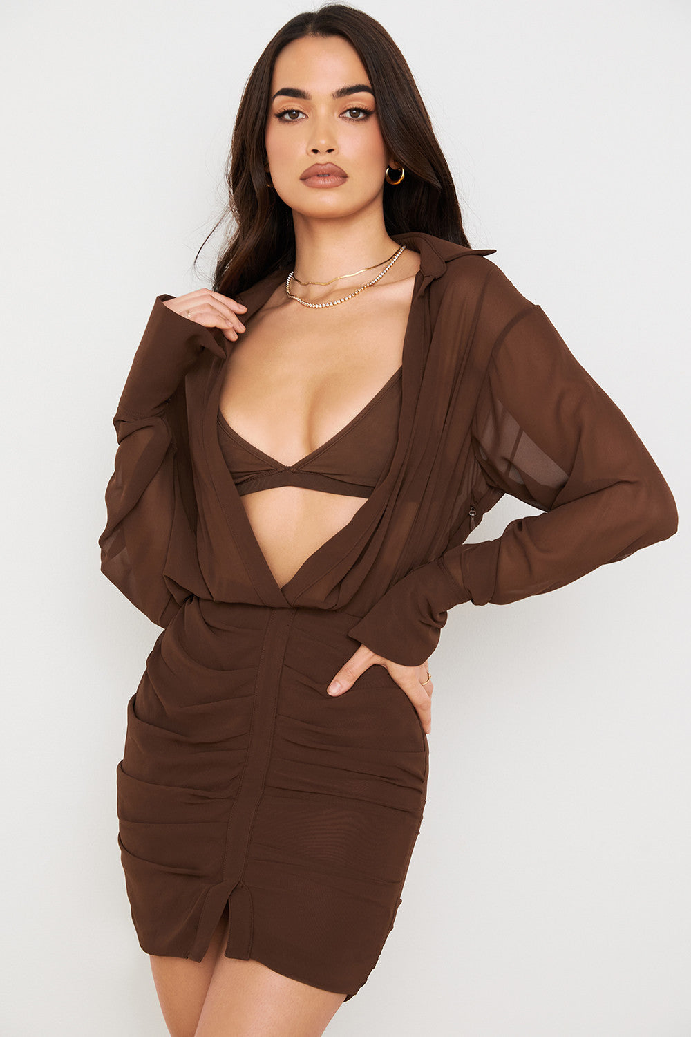 Robe chemise et bralette en mousseline chocolat