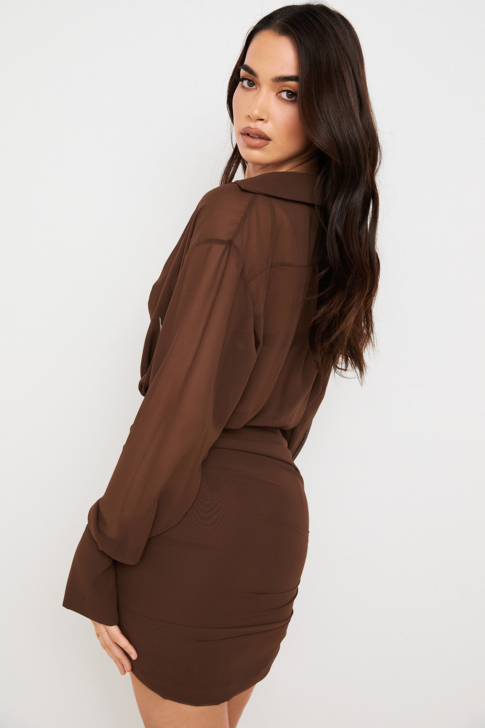Robe chemise et bralette en mousseline chocolat