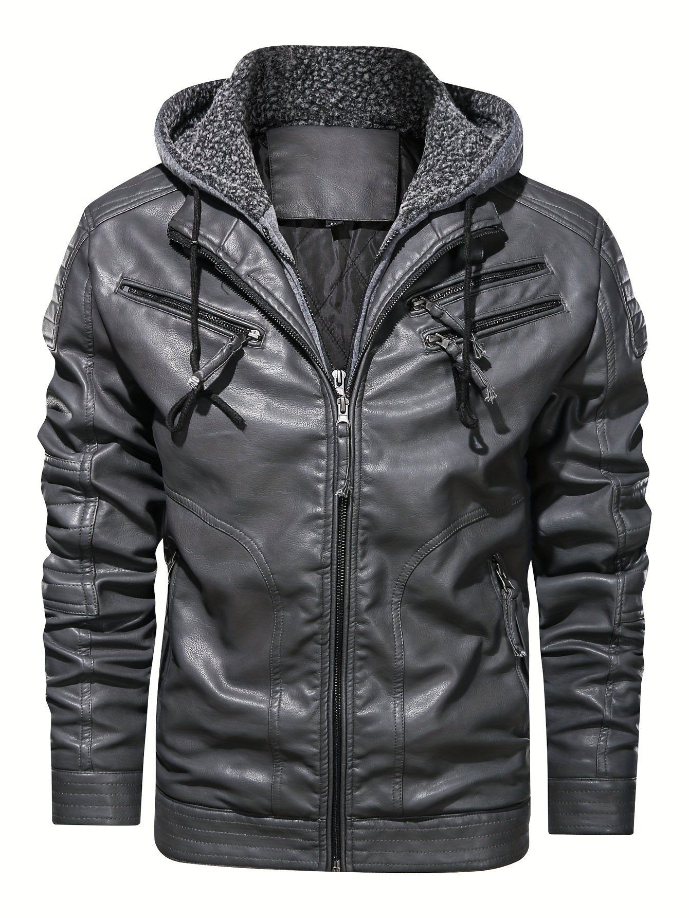 Blouson biker en cuir gris à capuche