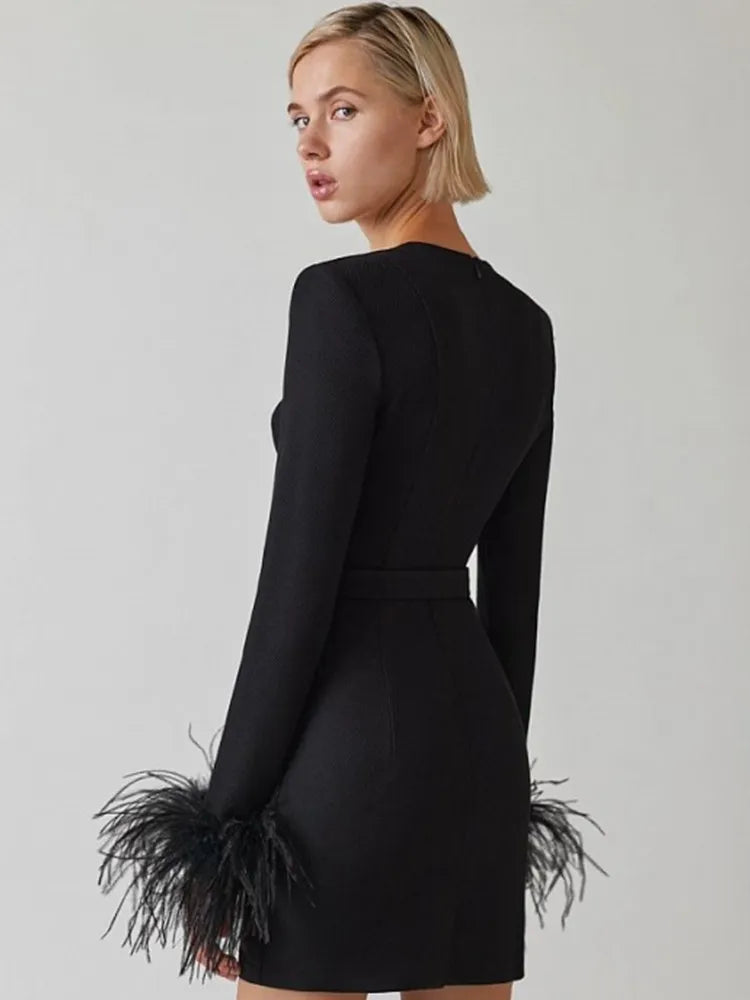 Robe à manches longues avec plumes