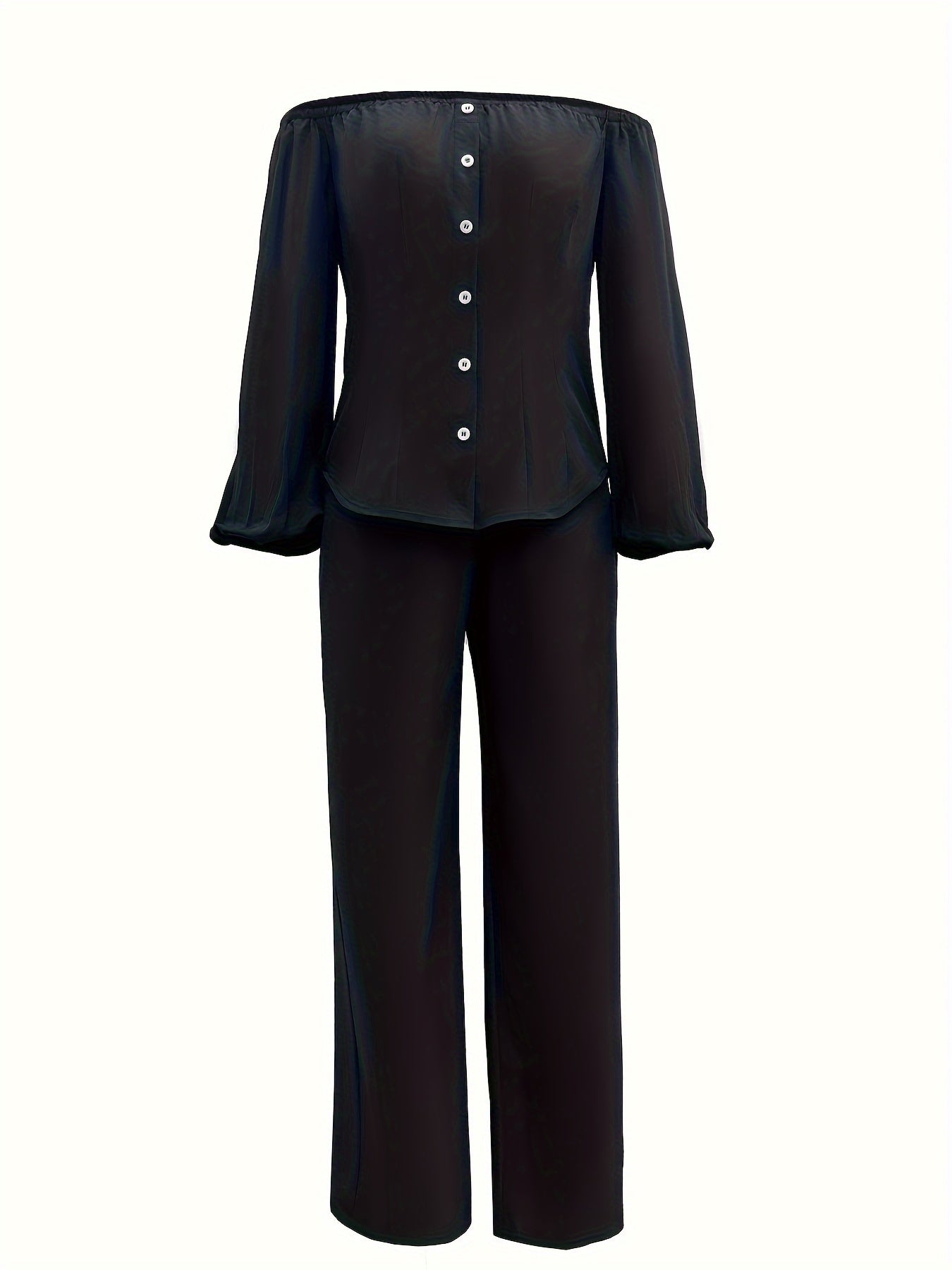 Haut à épaules dénudées avec fermeture boutonnée, manches lanterne et pantalon droit