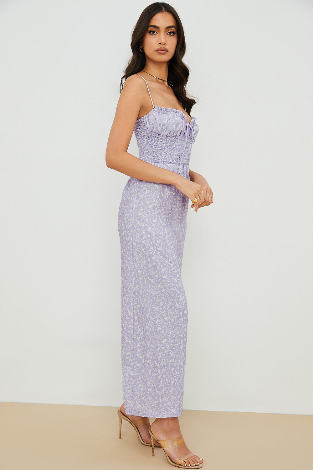 Robe cheville smockée fleurie lilas