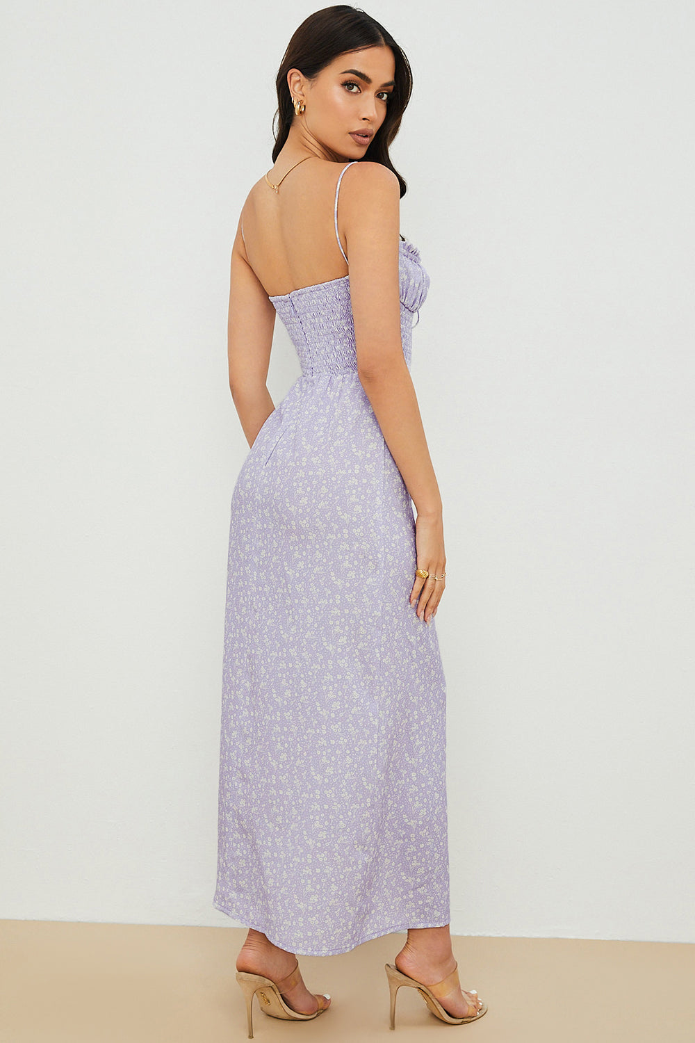 Robe cheville smockée fleurie lilas