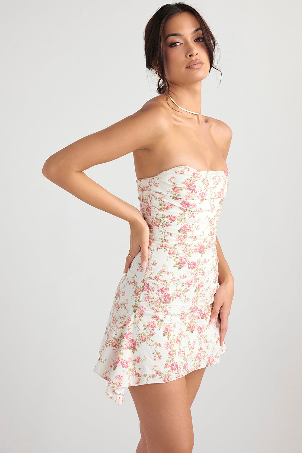 Robe corset drapée à imprimé roses