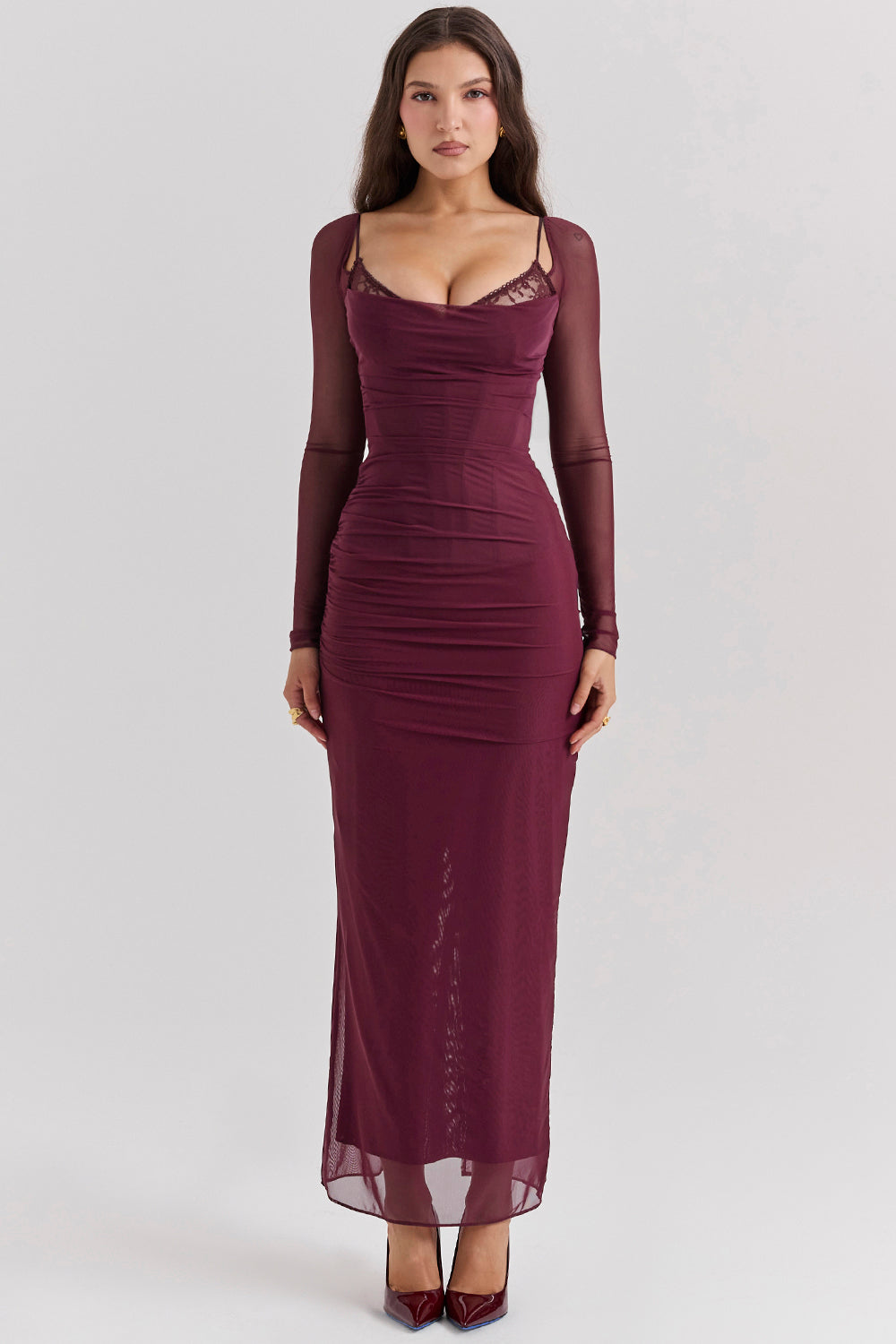 Robe longue rouge foncé à manches longues