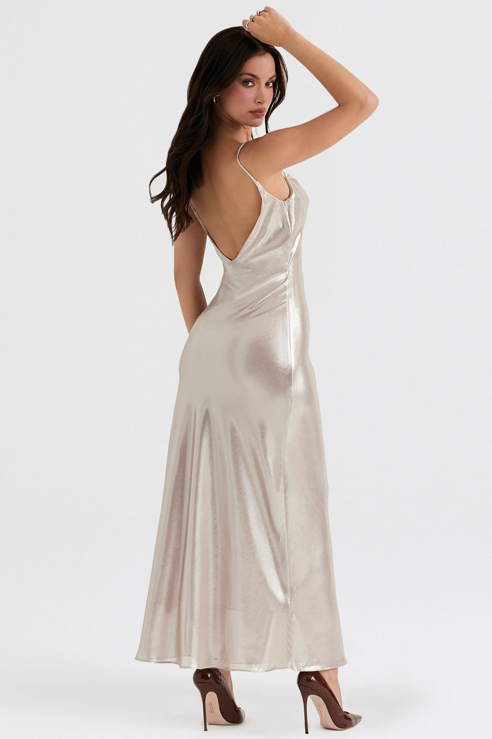 Robe longue Champagne Shimmer avec dos décolleté