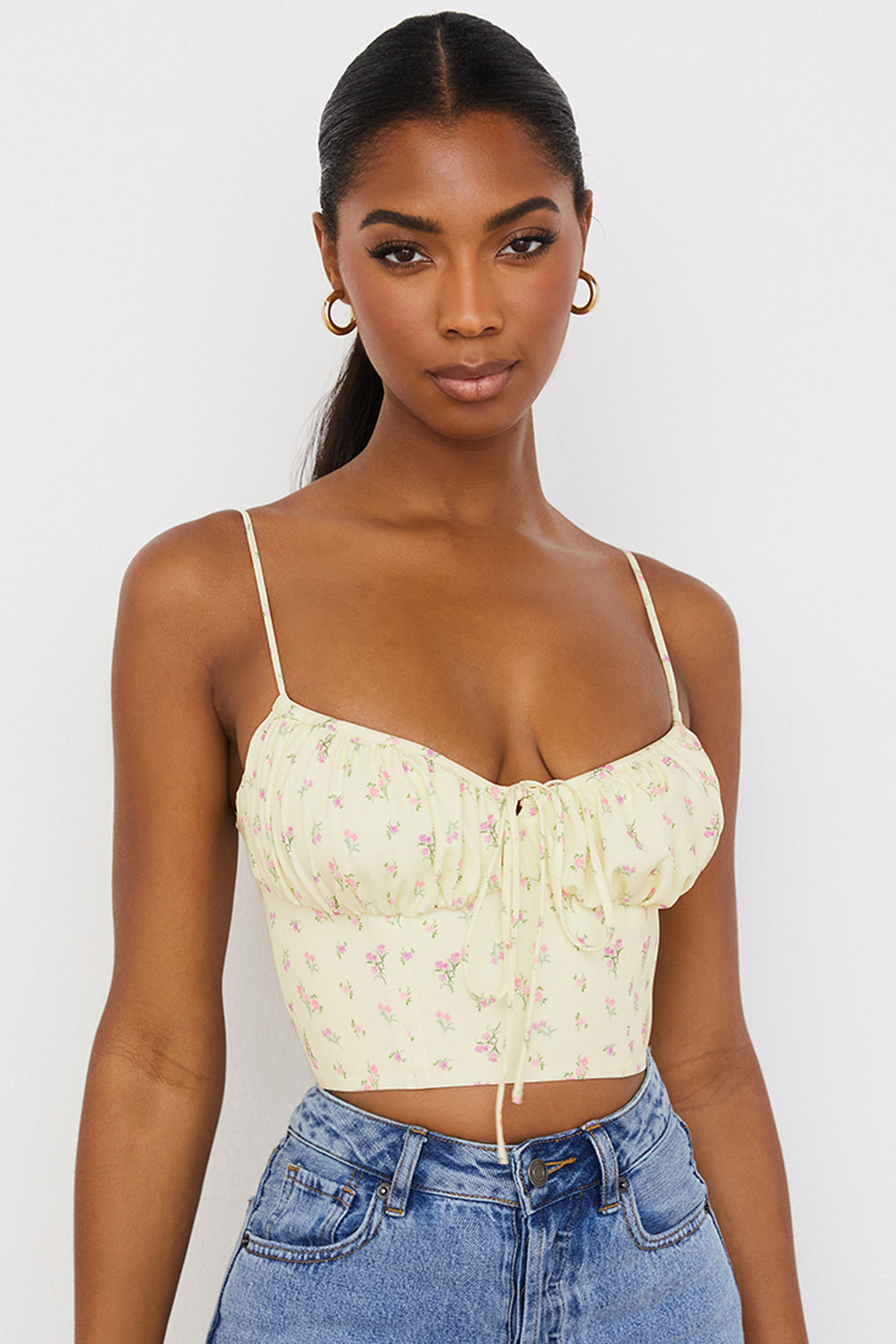 Haut bustier fleuri citron à plis
