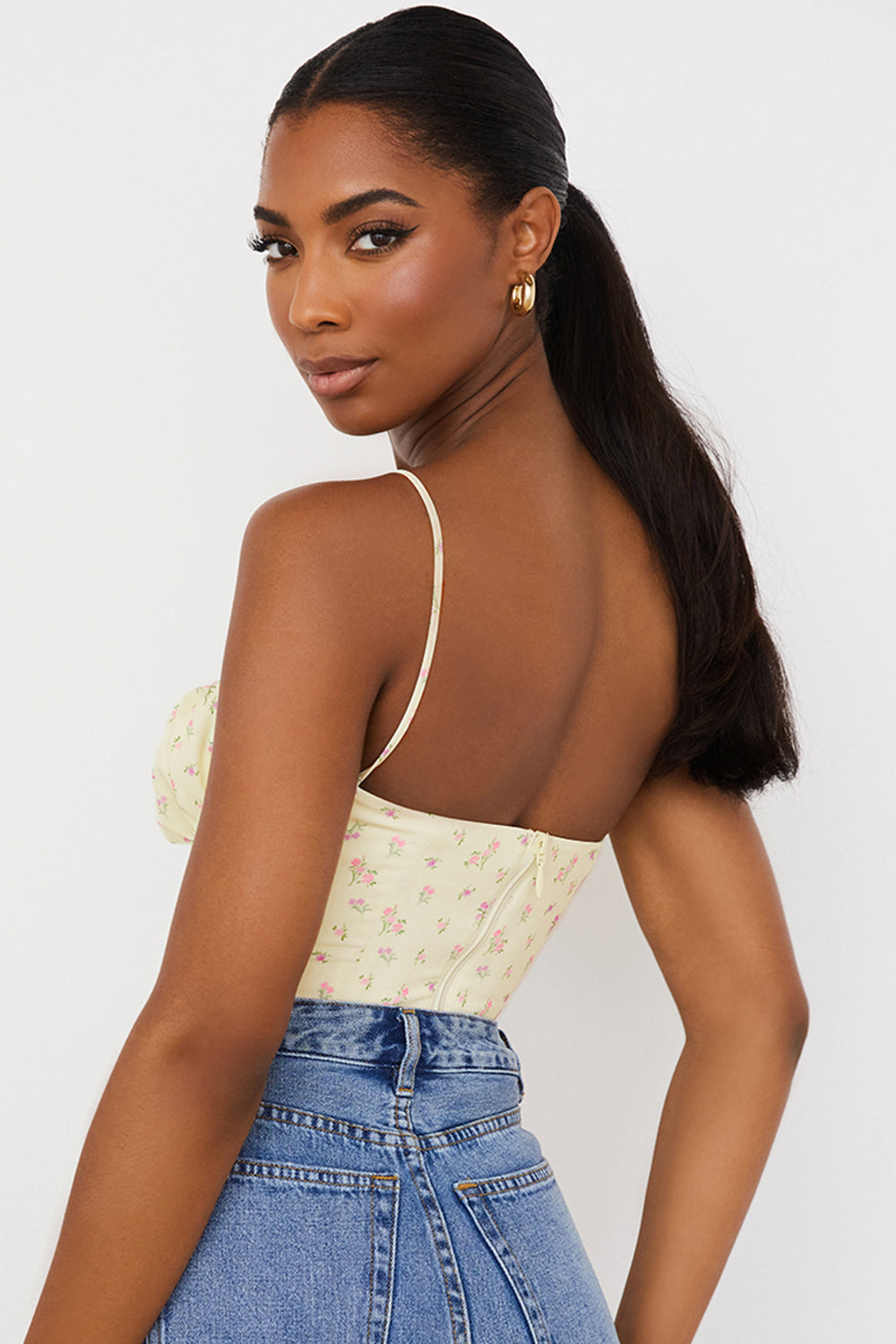 Haut bustier fleuri citron à plis
