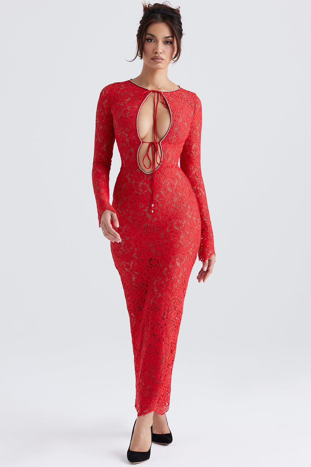 Robe longue en dentelle rouge