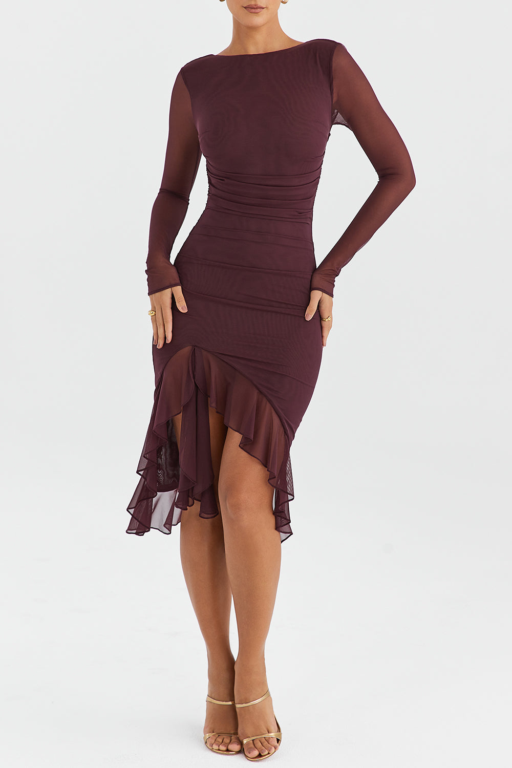 Robe mi-longue à volants et manches longues en violet