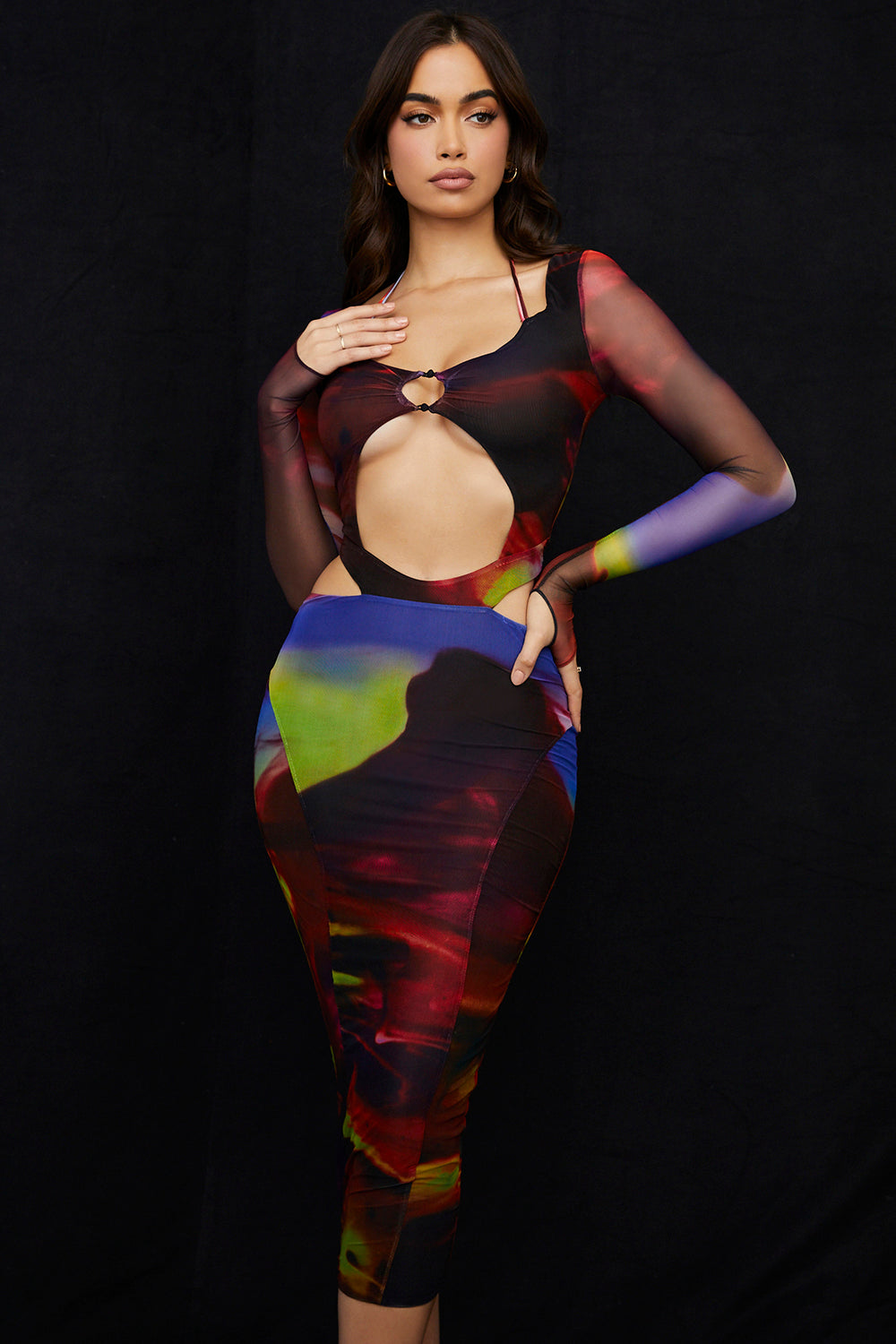 Robe midi imprimée à découpes