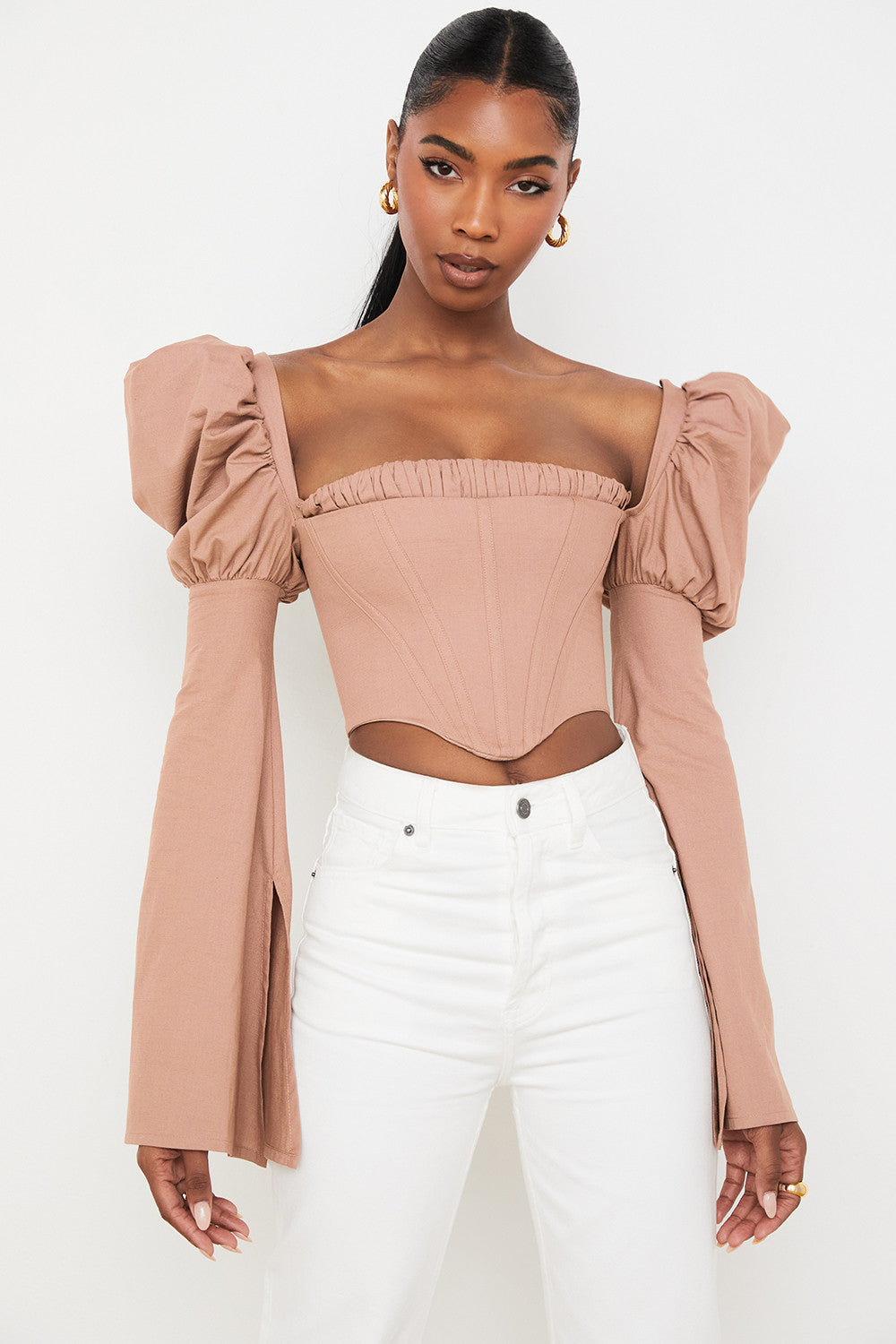 Corset moka en lin mélangé à manches évasées