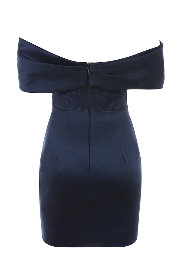 Robe bustier drapée en satin bleu marine
