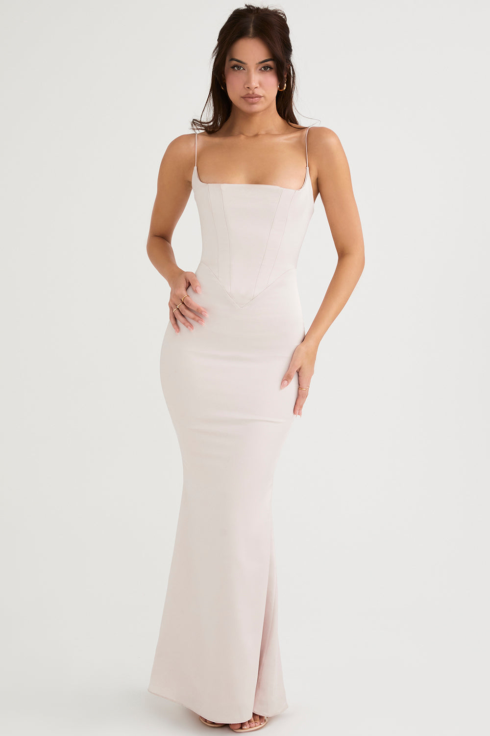 Robe longue pervenche avec corset en satin
