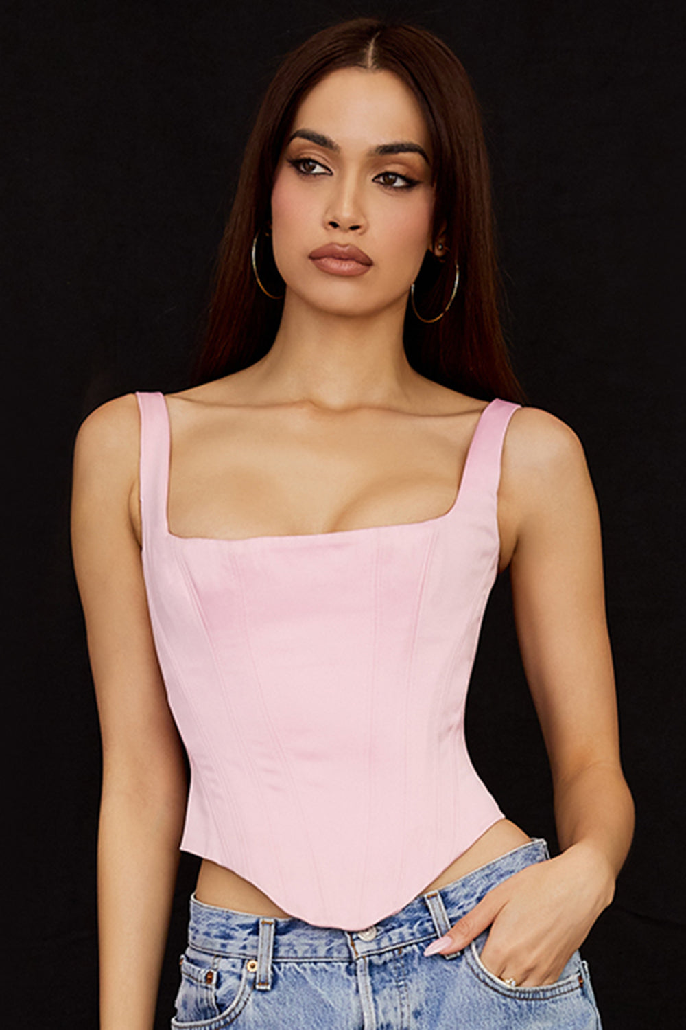 Corset long en satin rose fée