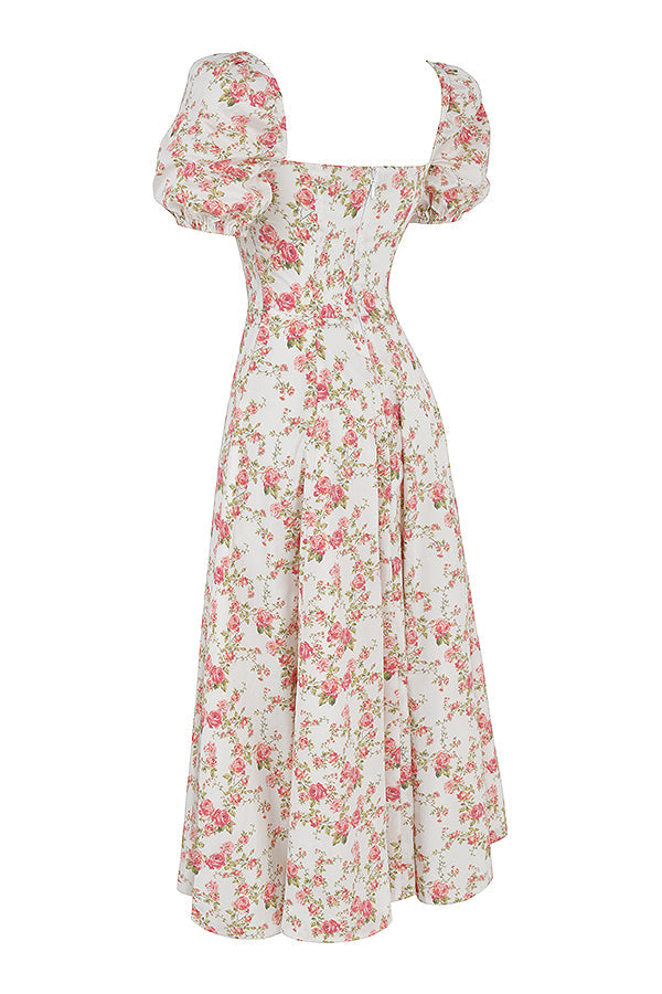 Robe d'été midi à manches bouffantes fleuries