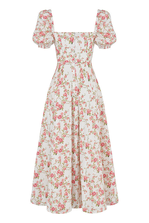 Robe d'été midi à manches bouffantes fleuries