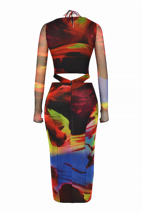 Robe midi imprimée à découpes