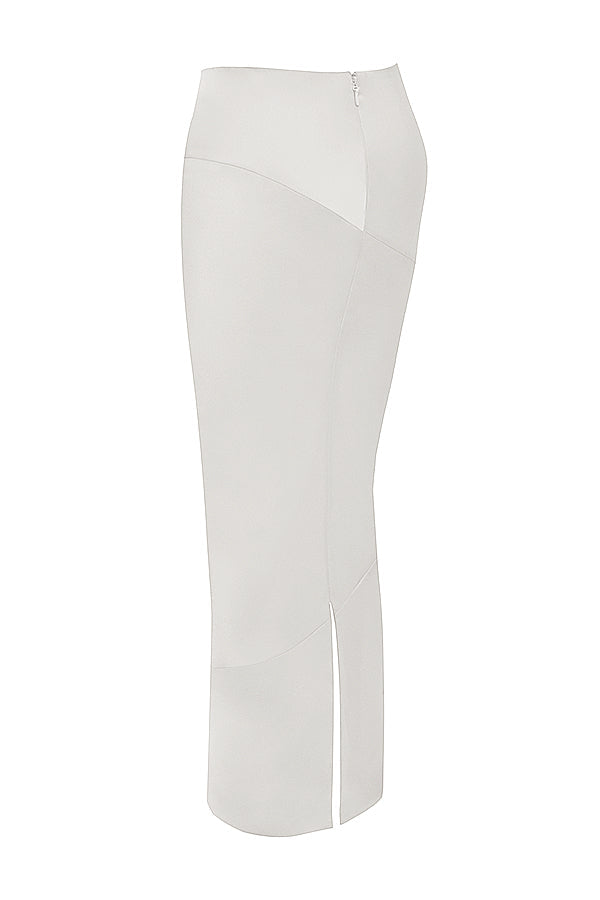 Long corset en satin ivoire avec jupe midi coupée en diagonale