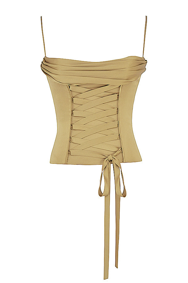 Corset en satin vert olive avec lacets