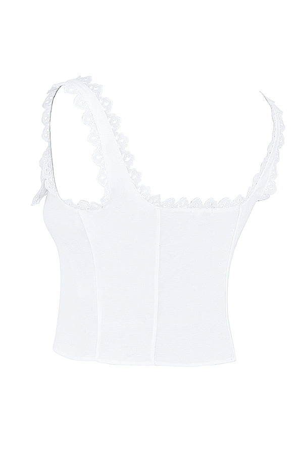 Haut en dentelle blanche avec mini-jupe trapàze en lin