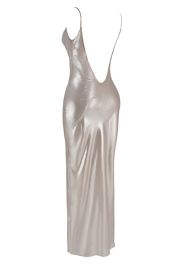 Robe longue Champagne Shimmer avec dos décolleté