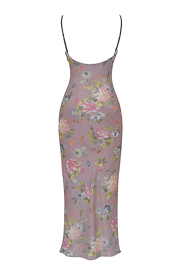 Robe longue mauve à fleurs