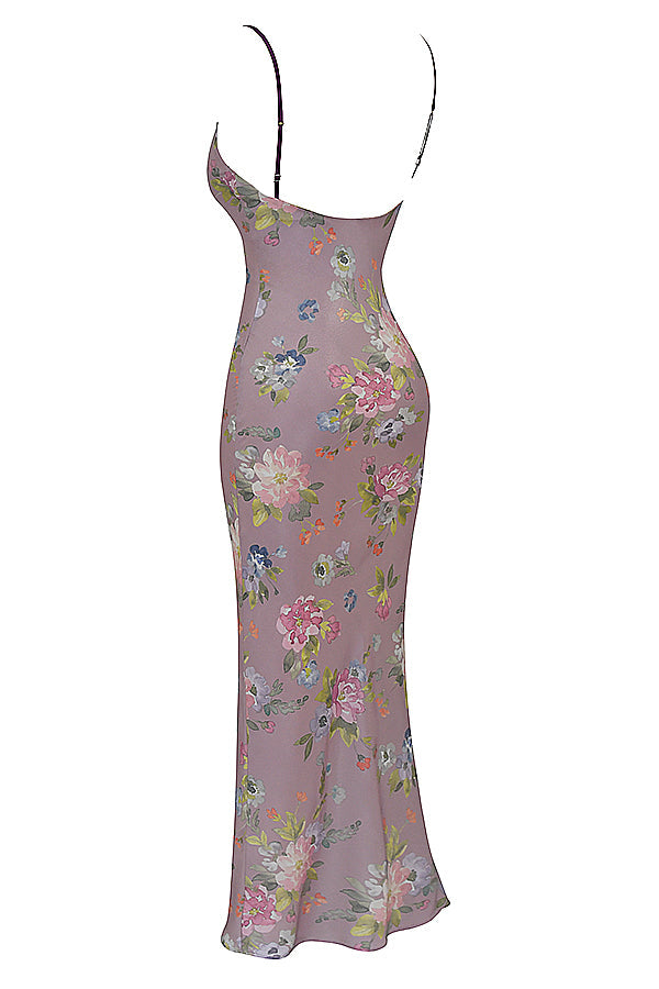 Robe longue mauve à fleurs