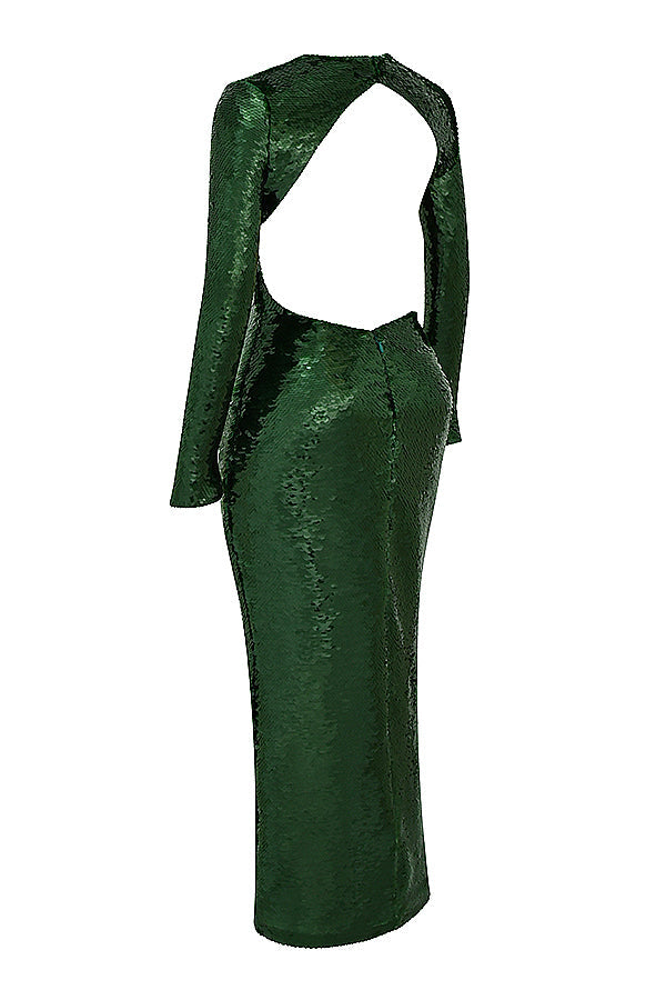 Robe longue vert sapin à sequins