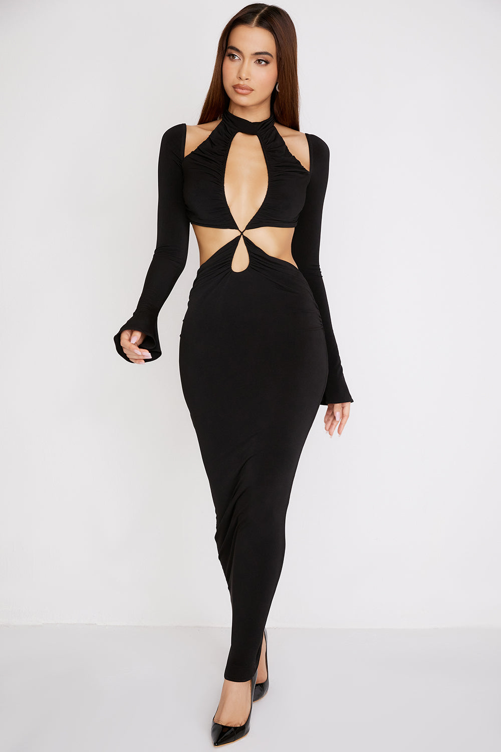 Robe longue en jersey noir avec découpe