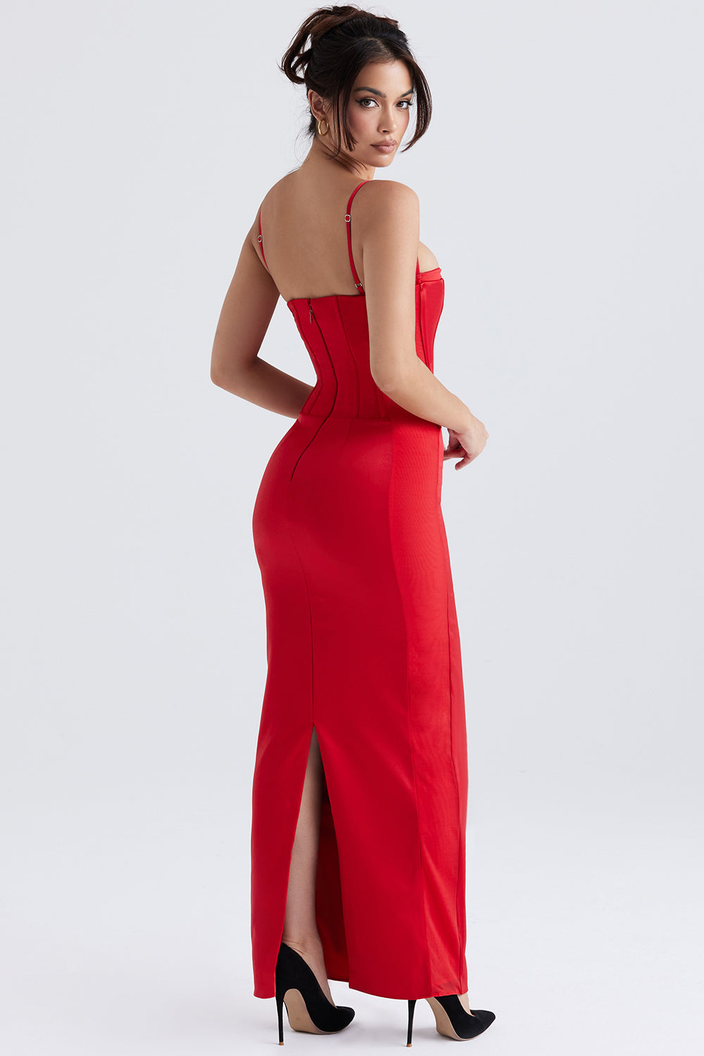 Robe longue corset en satin rouge