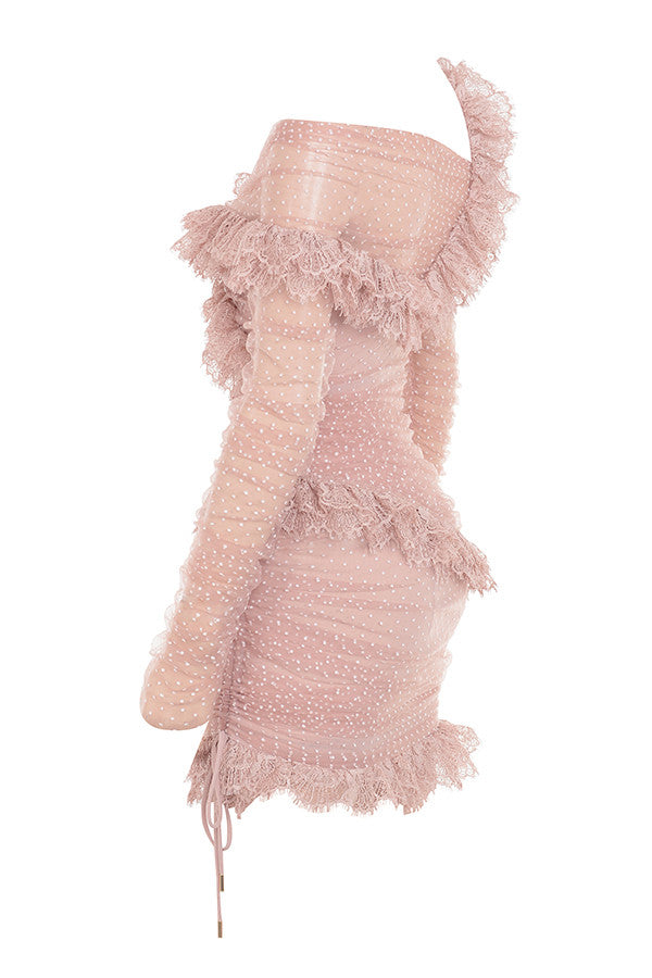 Mini-robe rougissante à volants en dentelle