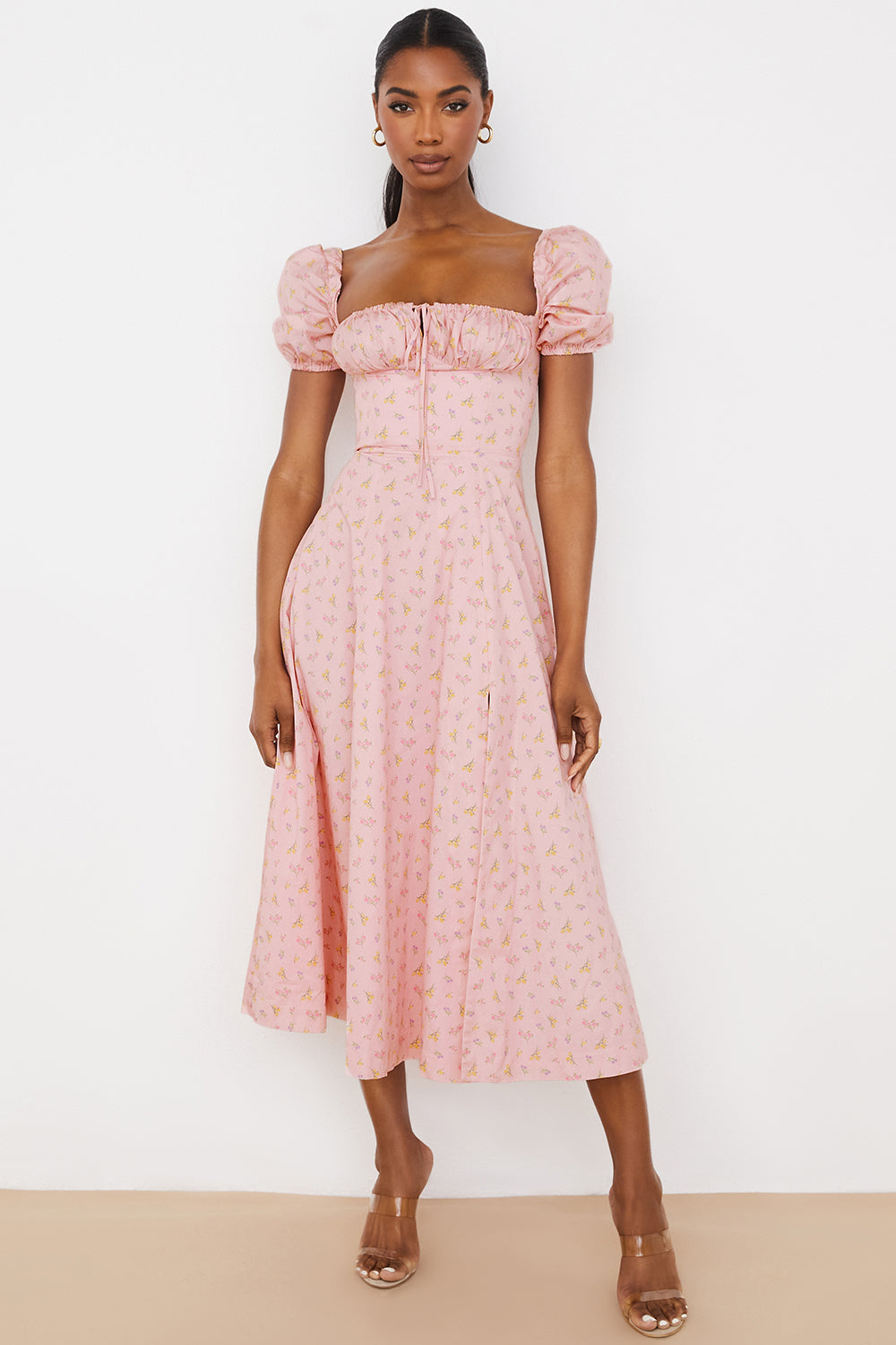 Robe d'été midi à manches bouffantes fleuries