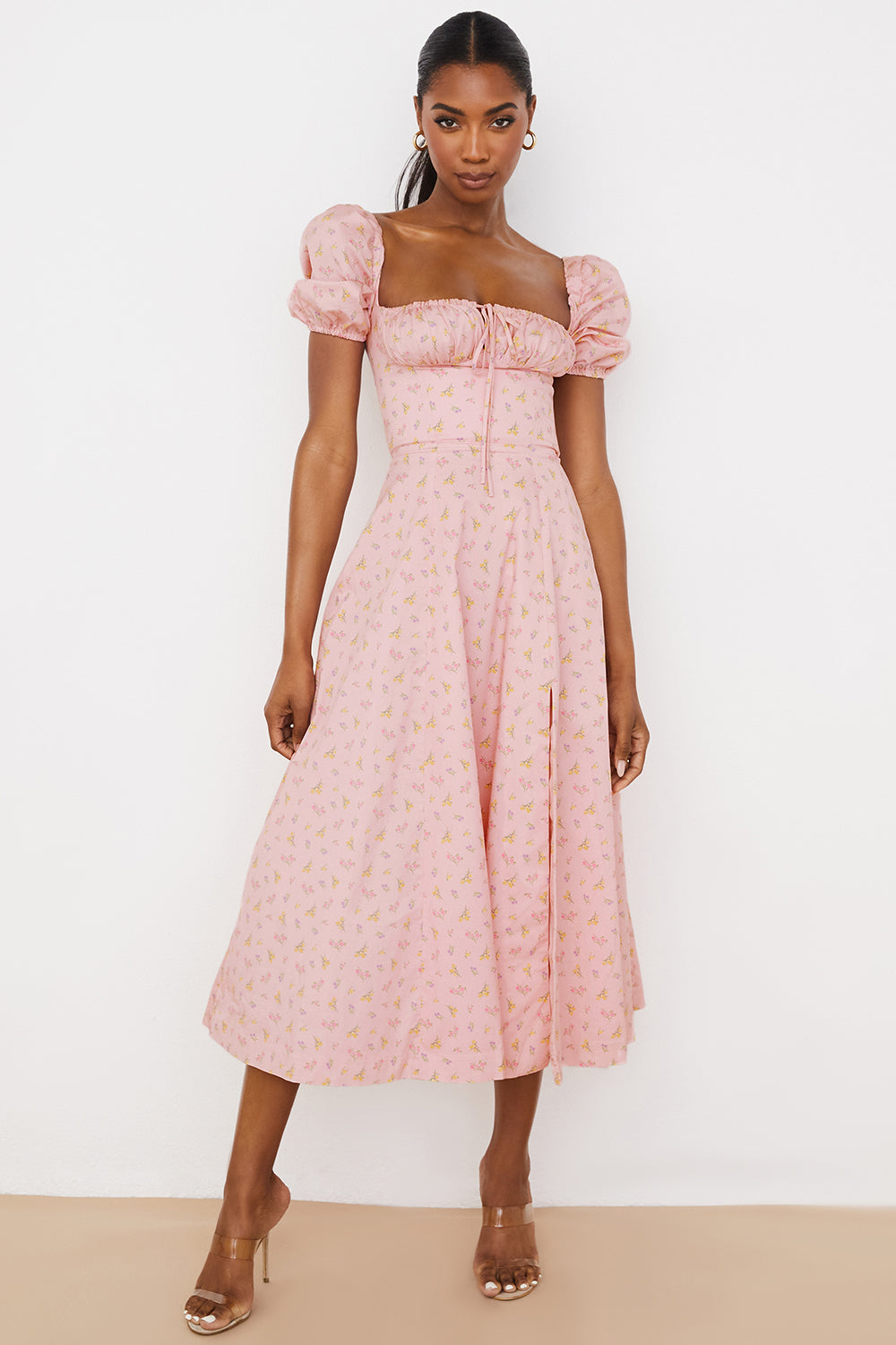 Robe d'été midi à manches bouffantes fleuries