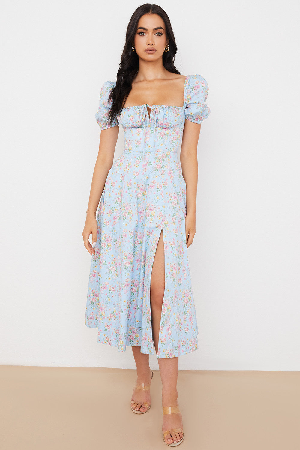 Robe d'été midi à manches bouffantes fleuries