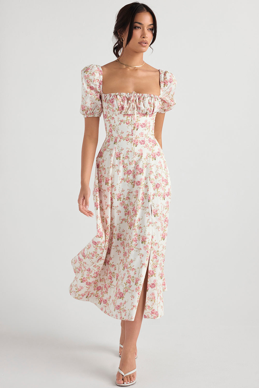 Robe d'été midi à manches bouffantes fleuries