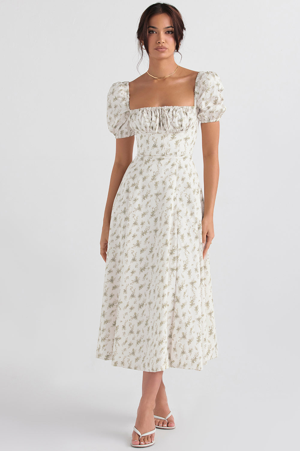 Robe d'été midi à manches bouffantes fleuries