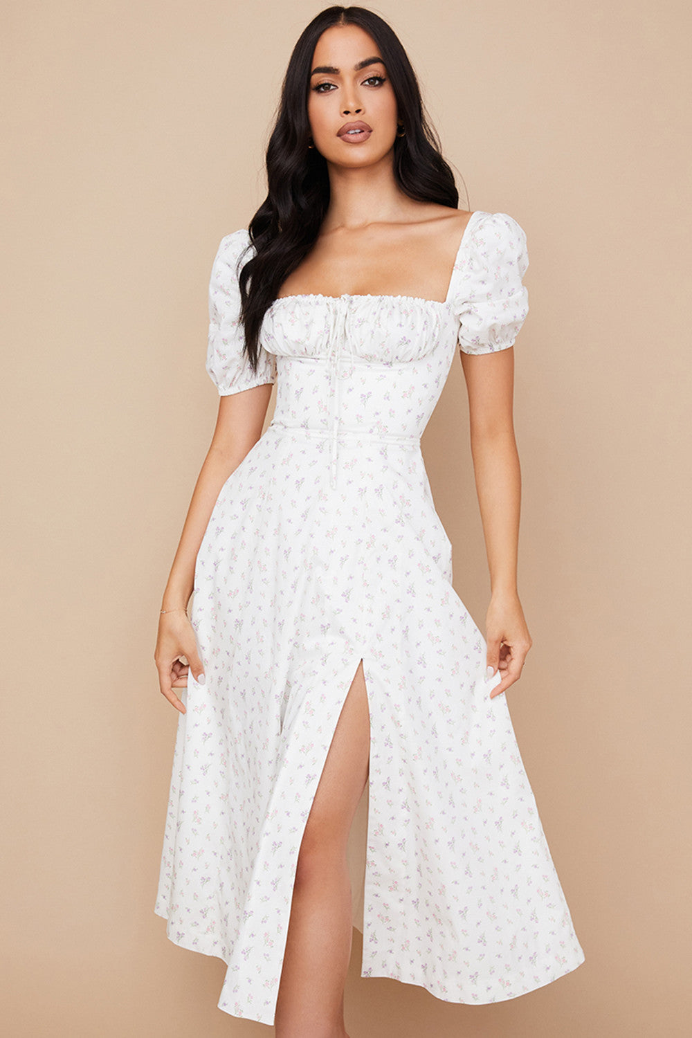 Robe d'été midi à manches bouffantes fleuries