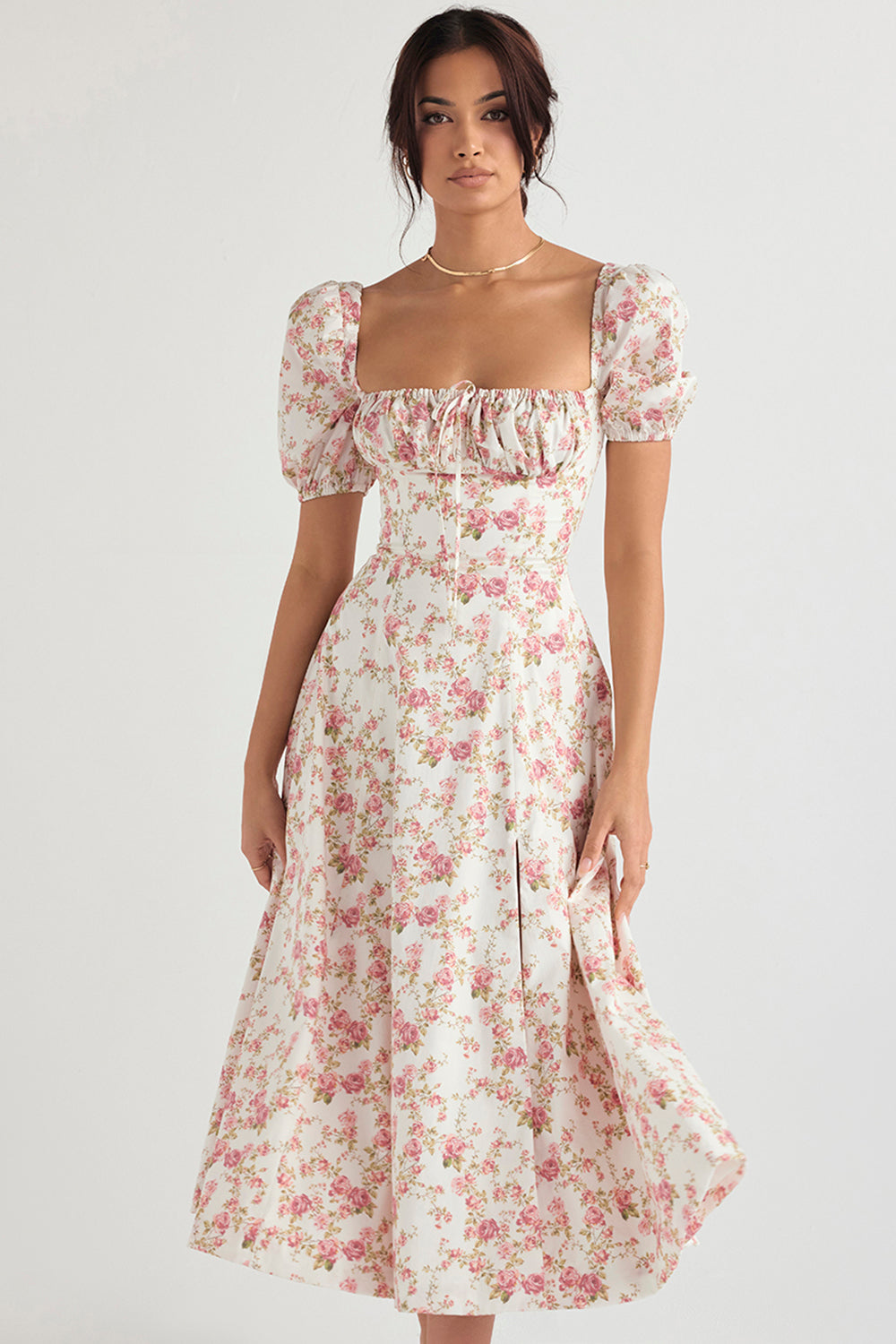 Robe d'été midi à manches bouffantes fleuries