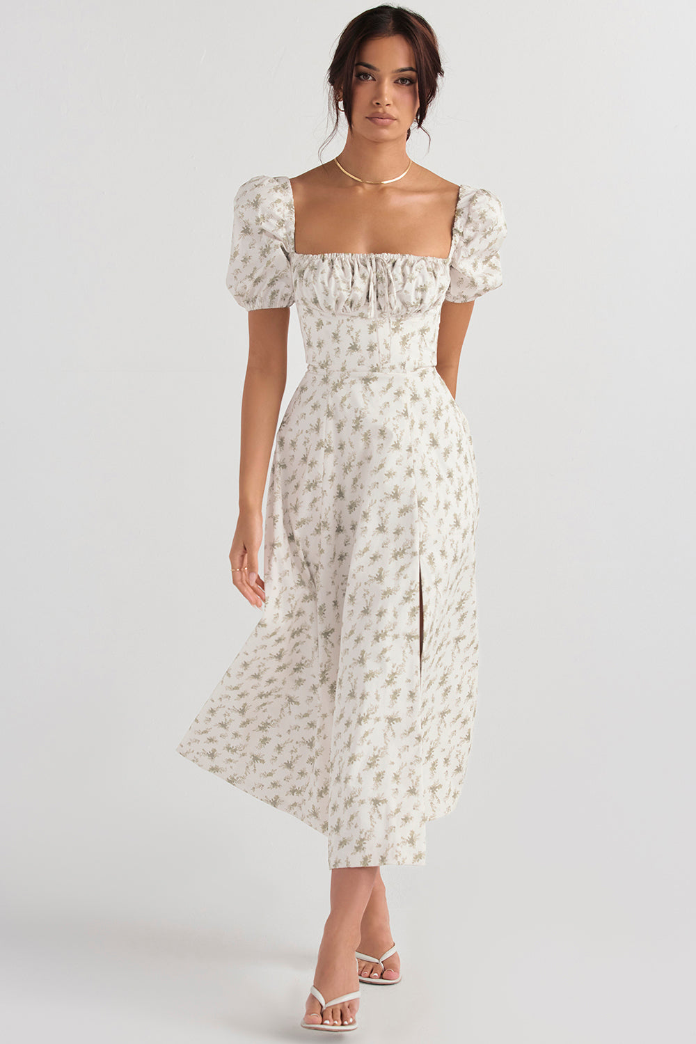 Robe d'été midi à manches bouffantes fleuries